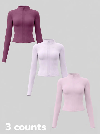 Women'S Long Sleeve Yoga Jacket Set, Sports Outerwear, Athletic Jackets, High Neck Zipper Closure, Quick-Dry Fitness Top, Tight-Fitting Sports Wear, Athletic Sports Clothing, 3 Piece Pack