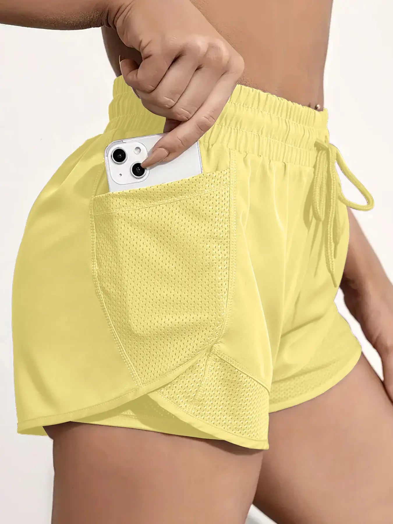 Women'S Plain Pocket Drawstring Waist Sports Shorts, Gym Shorts, Sporty Quick-Drying 2 in 1 Wrap Shorts, Women'S Sportswear for Running Workout