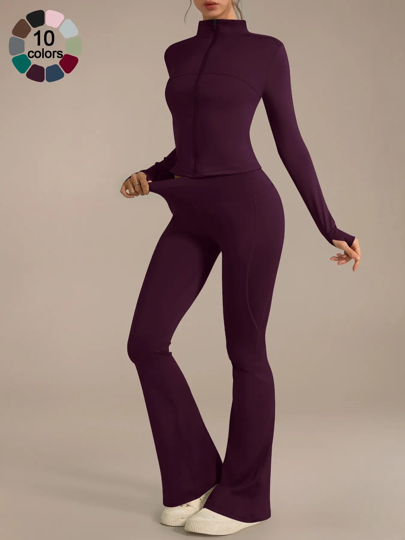 Women'S Two-Piece Sportswear Set, Stand Collar Zip-Up Long Sleeve Top and High-Waist Butt-Lifting Pants, Soft Breathable Outfit for Yoga, Gym and Running