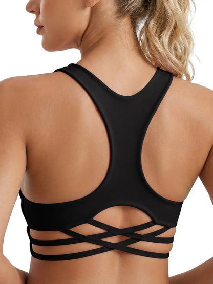 Aoysky Women's Racerback Criss Cross V-Neck Padded Wireless Sports Bra - Low-Impact Activewear Crop Top for Gym Workouts