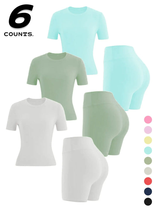 Two-Piece Set Women'S Solid Color Tee & High Waist Skinny Shorts Tracksuit Set, Sporty Casual Breathable Set for Yoga Gym Workout Running, Ladies Summer Sportswear, Activewear