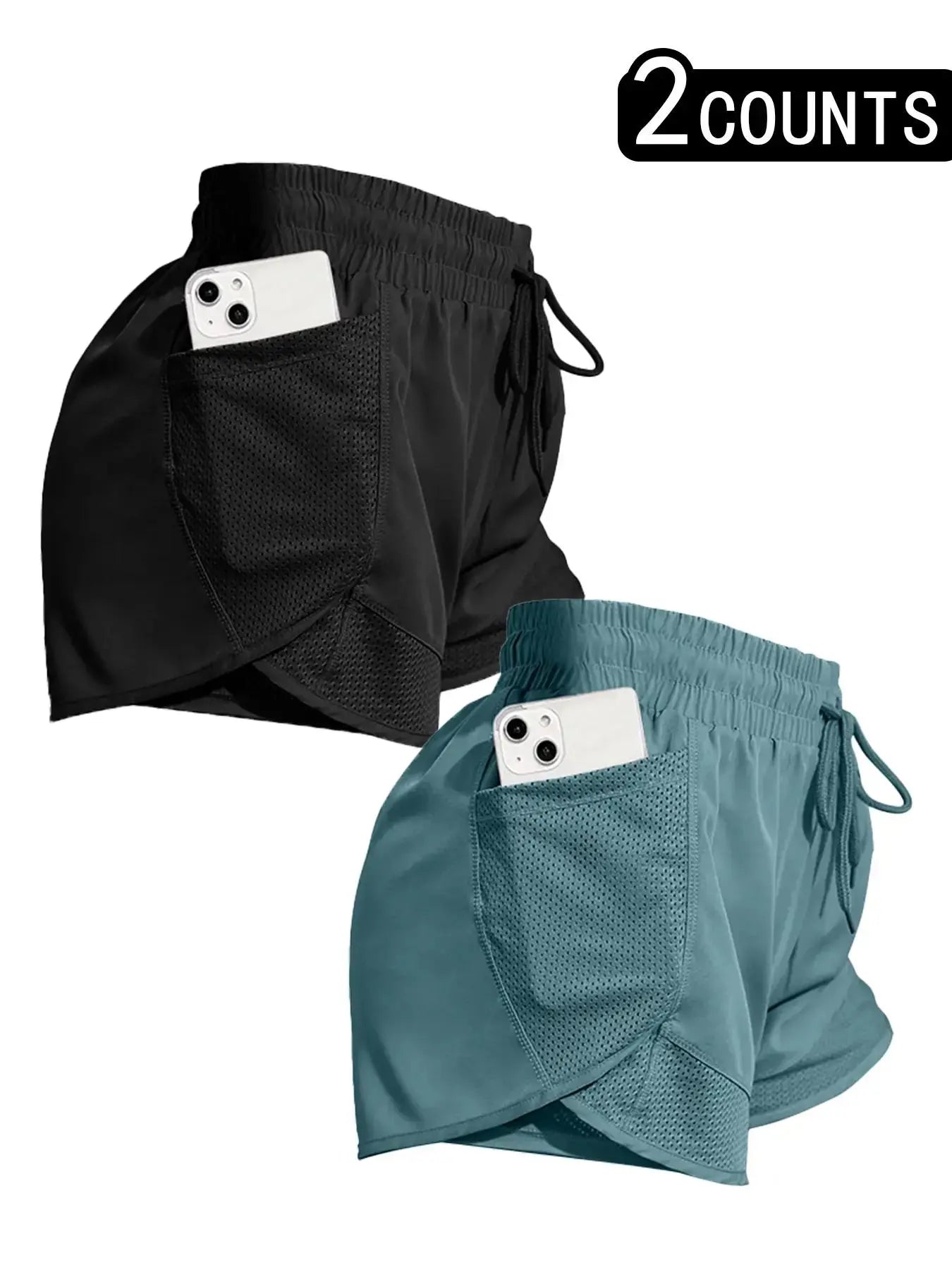 Women'S Plain Pocket Drawstring Waist Sports Shorts, Gym Shorts, Sporty Quick-Drying 2 in 1 Wrap Shorts, Women'S Sportswear for Running Workout