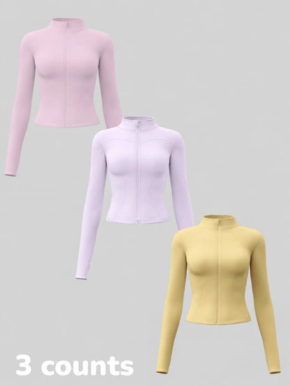 Women'S Long Sleeve Yoga Jacket Set, Sports Outerwear, Athletic Jackets, High Neck Zipper Closure, Quick-Dry Fitness Top, Tight-Fitting Sports Wear, Athletic Sports Clothing, 3 Piece Pack