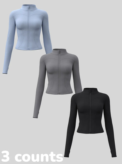Women'S Long Sleeve Yoga Jacket Set, Sports Outerwear, Athletic Jackets, High Neck Zipper Closure, Quick-Dry Fitness Top, Tight-Fitting Sports Wear, Athletic Sports Clothing, 3 Piece Pack