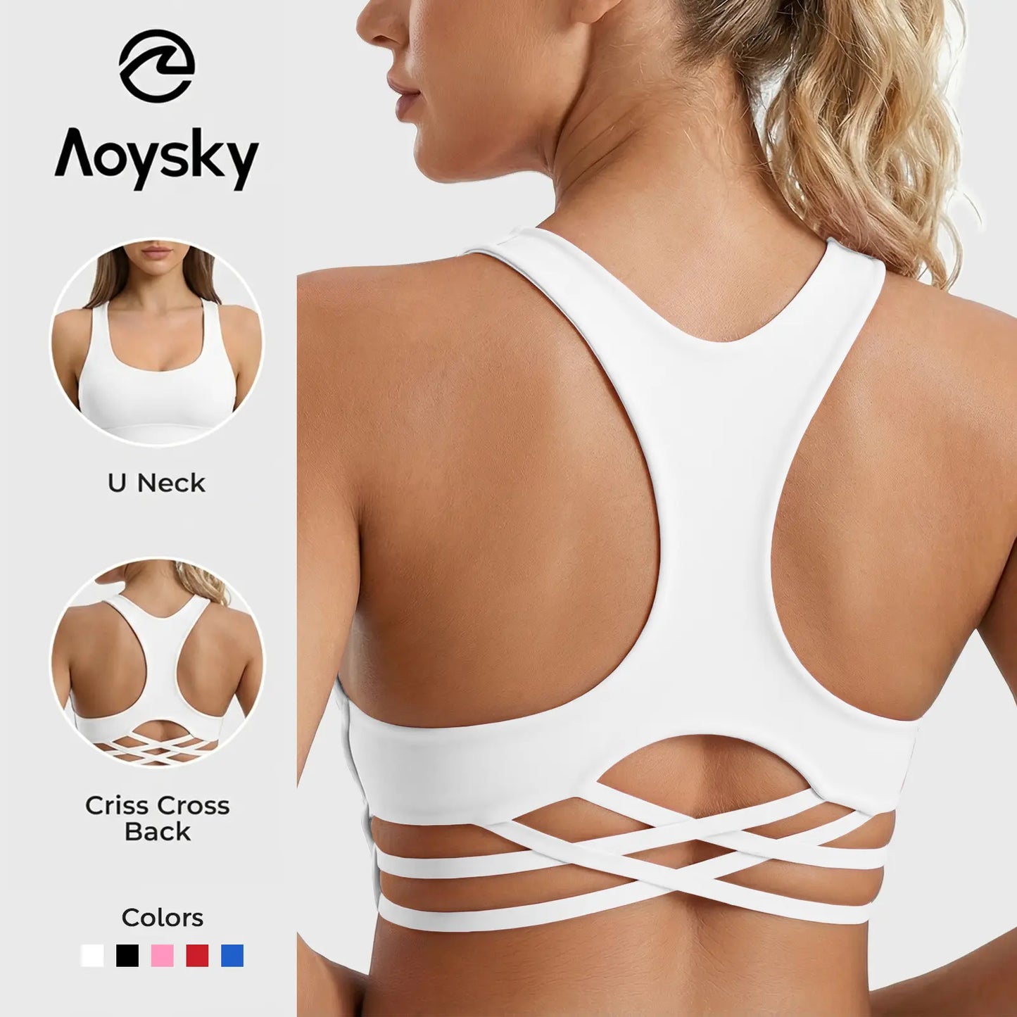 Aoysky Women's Racerback Criss Cross V-Neck Padded Wireless Sports Bra - Low-Impact Activewear Crop Top for Gym Workouts