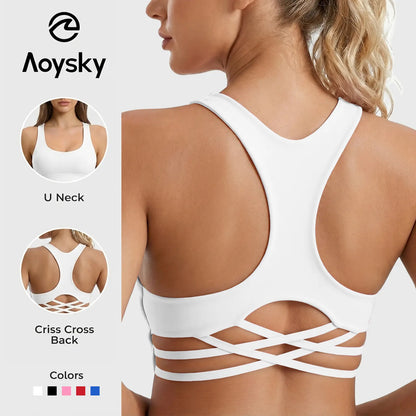 Aoysky Women's Racerback Criss Cross V-Neck Padded Wireless Sports Bra - Low-Impact Activewear Crop Top for Gym Workouts