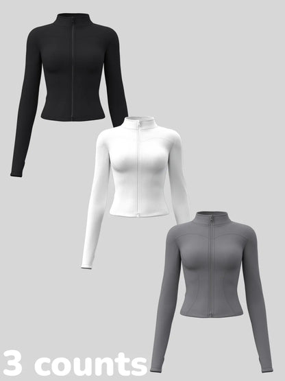 Women'S Long Sleeve Yoga Jacket Set, Sports Outerwear, Athletic Jackets, High Neck Zipper Closure, Quick-Dry Fitness Top, Tight-Fitting Sports Wear, Athletic Sports Clothing, 3 Piece Pack