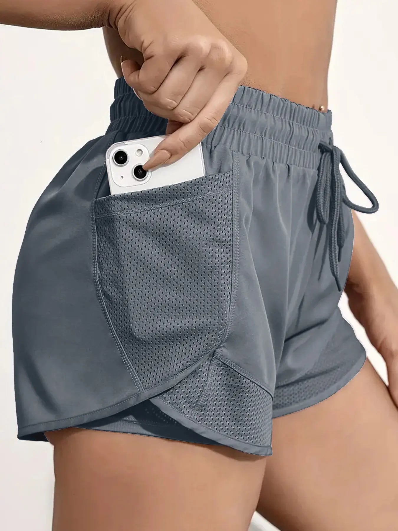 Women'S Plain Pocket Drawstring Waist Sports Shorts, Gym Shorts, Sporty Quick-Drying 2 in 1 Wrap Shorts, Women'S Sportswear for Running Workout