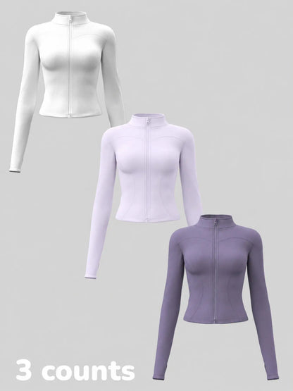 Women'S Long Sleeve Yoga Jacket Set, Sports Outerwear, Athletic Jackets, High Neck Zipper Closure, Quick-Dry Fitness Top, Tight-Fitting Sports Wear, Athletic Sports Clothing, 3 Piece Pack