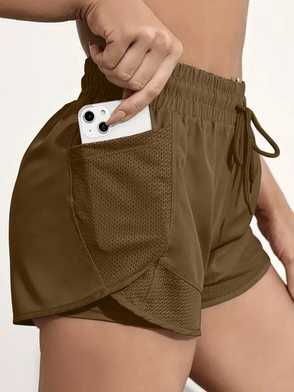 Women'S Plain Pocket Drawstring Waist Sports Shorts, Gym Shorts, Sporty Quick-Drying 2 in 1 Wrap Shorts, Women'S Sportswear for Running Workout