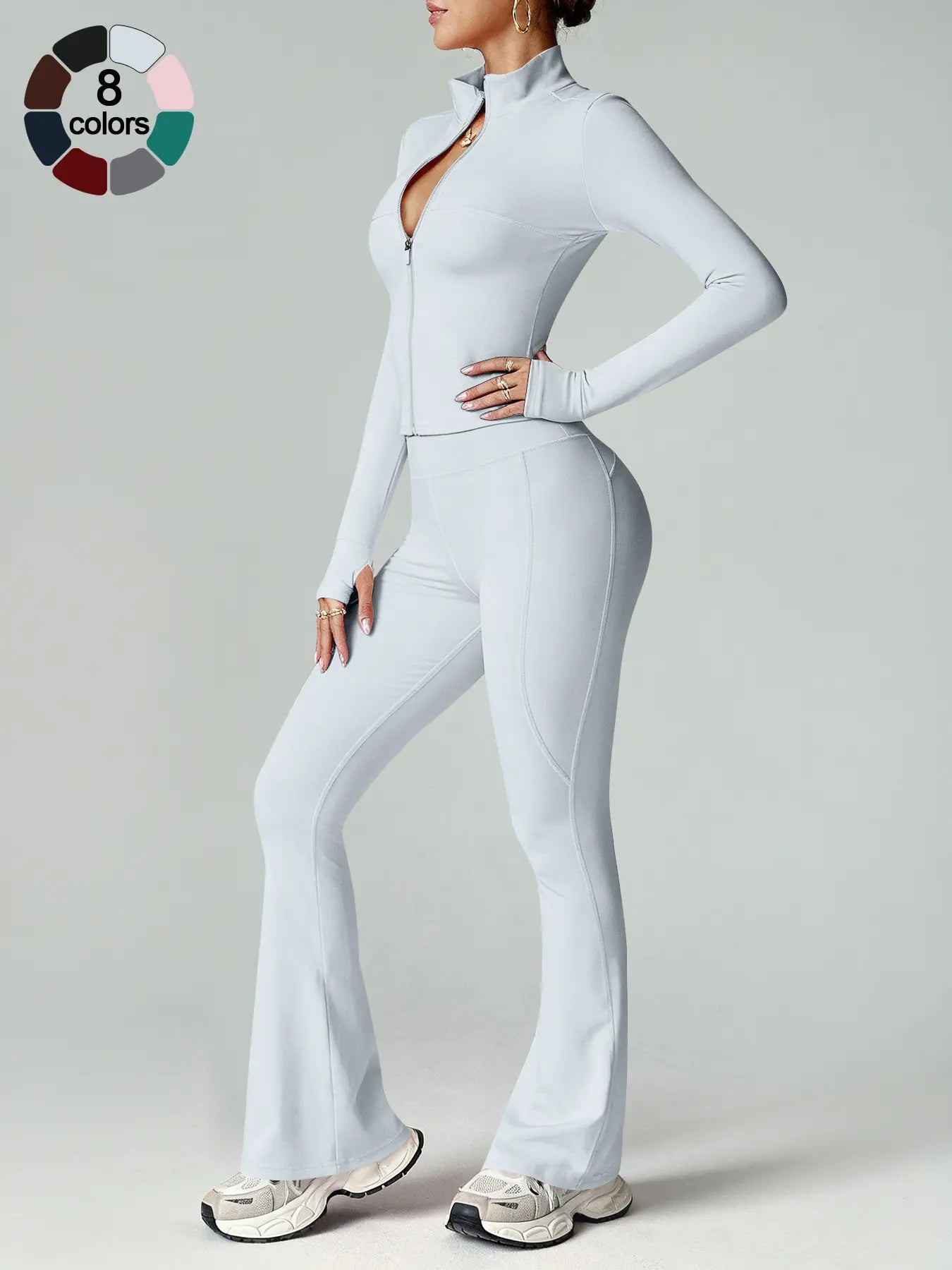 Women'S Two-Piece Sportswear Set, Stand Collar Zip-Up Long Sleeve Top and High-Waist Butt-Lifting Pants, Soft Breathable Outfit for Yoga, Gym and Running