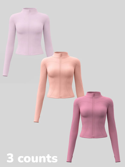 Women'S Long Sleeve Yoga Jacket Set, Sports Outerwear, Athletic Jackets, High Neck Zipper Closure, Quick-Dry Fitness Top, Tight-Fitting Sports Wear, Athletic Sports Clothing, 3 Piece Pack