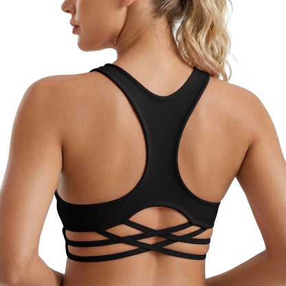 Aoysky Women's Racerback Criss Cross V-Neck Padded Wireless Sports Bra - Low-Impact Activewear Crop Top for Gym Workouts