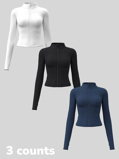 Women'S Long Sleeve Yoga Jacket Set, Sports Outerwear, Athletic Jackets, High Neck Zipper Closure, Quick-Dry Fitness Top, Tight-Fitting Sports Wear, Athletic Sports Clothing, 3 Piece Pack