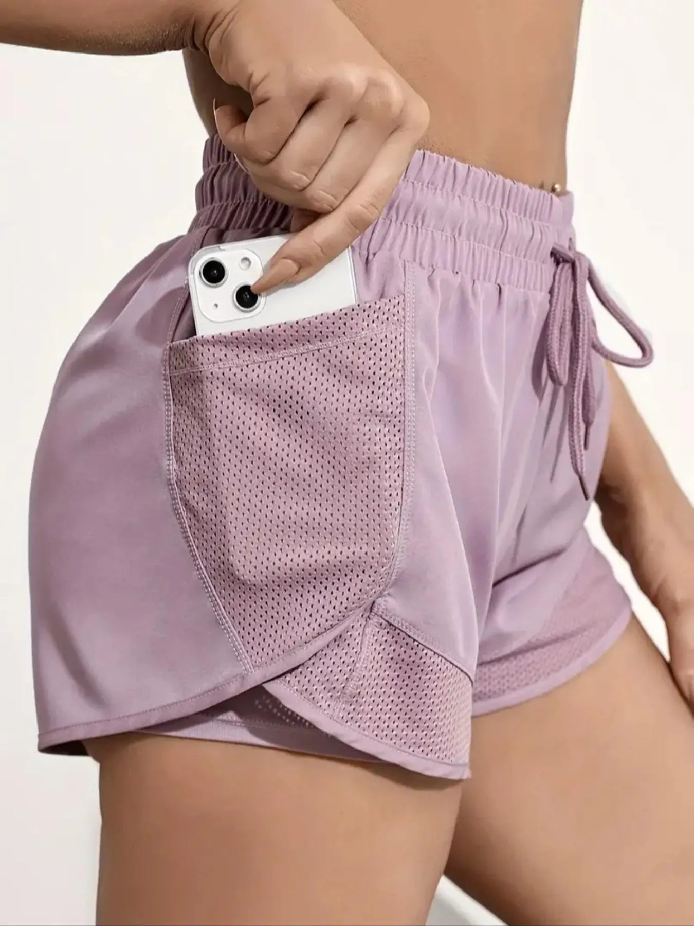 Women'S Plain Pocket Drawstring Waist Sports Shorts, Gym Shorts, Sporty Quick-Drying 2 in 1 Wrap Shorts, Women'S Sportswear for Running Workout