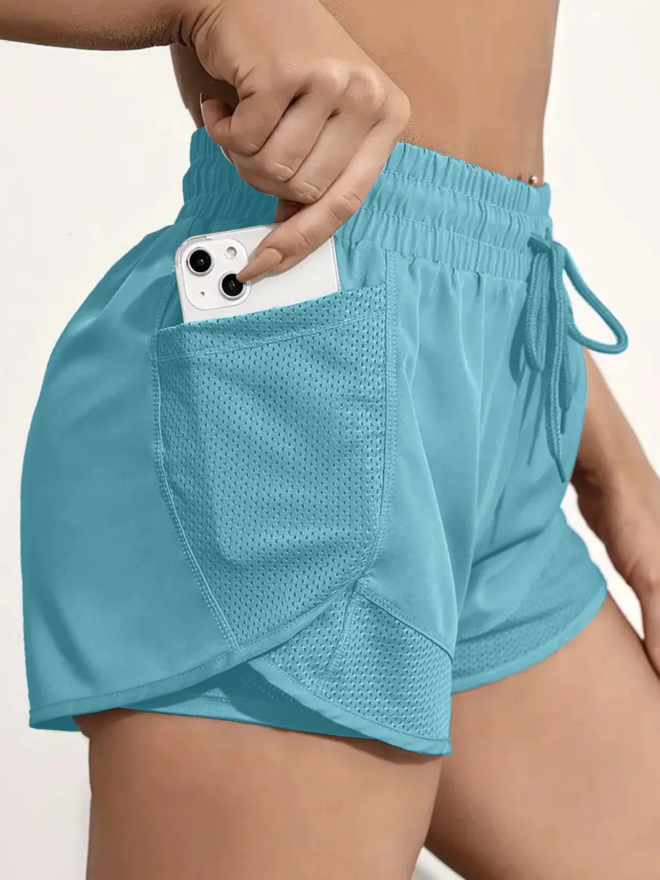 Women'S Plain Pocket Drawstring Waist Sports Shorts, Gym Shorts, Sporty Quick-Drying 2 in 1 Wrap Shorts, Women'S Sportswear for Running Workout