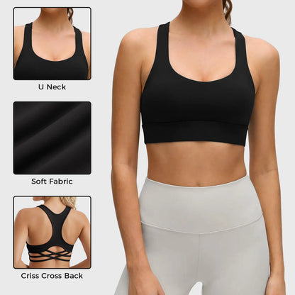 Aoysky Women's Racerback Criss Cross V-Neck Padded Wireless Sports Bra - Low-Impact Activewear Crop Top for Gym Workouts