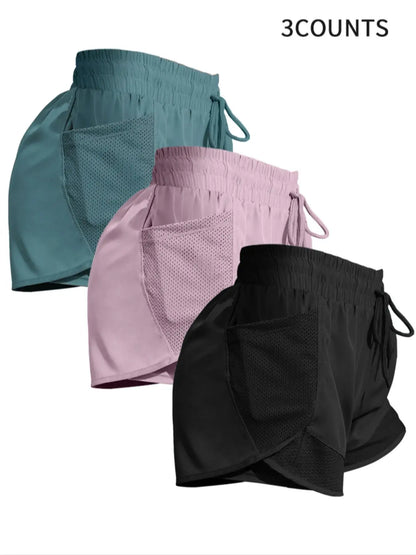 Women'S Plain Pocket Drawstring Waist Sports Shorts, Gym Shorts, Sporty Quick-Drying 2 in 1 Wrap Shorts, Women'S Sportswear for Running Workout