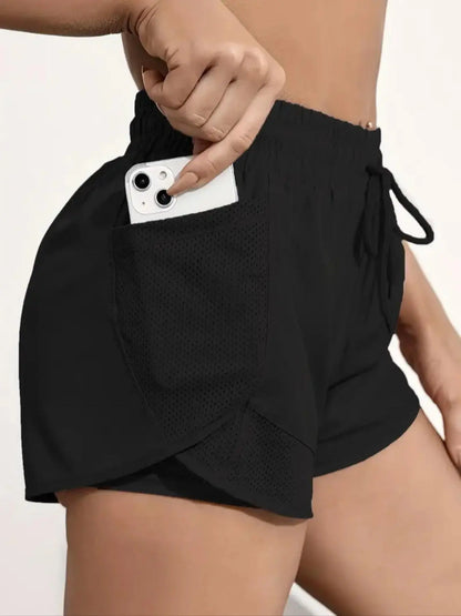 Women'S Plain Pocket Drawstring Waist Sports Shorts, Gym Shorts, Sporty Quick-Drying 2 in 1 Wrap Shorts, Women'S Sportswear for Running Workout