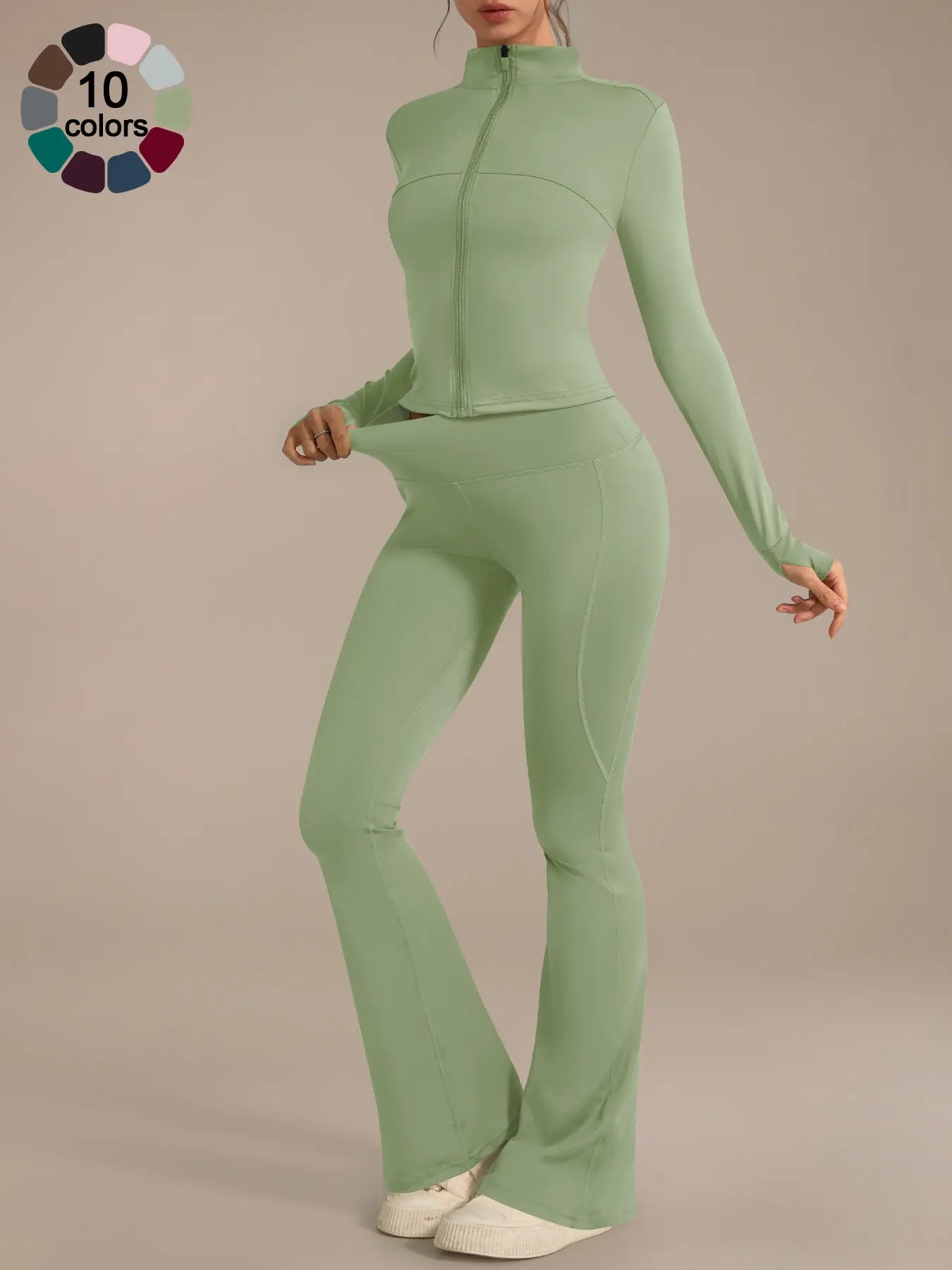 Women'S Two-Piece Sportswear Set, Stand Collar Zip-Up Long Sleeve Top and High-Waist Butt-Lifting Pants, Soft Breathable Outfit for Yoga, Gym and Running