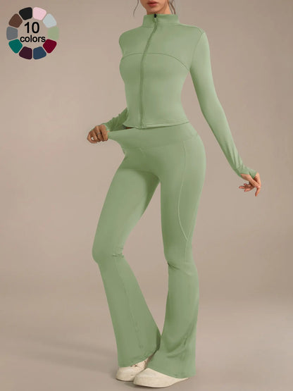 Women'S Two-Piece Sportswear Set, Stand Collar Zip-Up Long Sleeve Top and High-Waist Butt-Lifting Pants, Soft Breathable Outfit for Yoga, Gym and Running