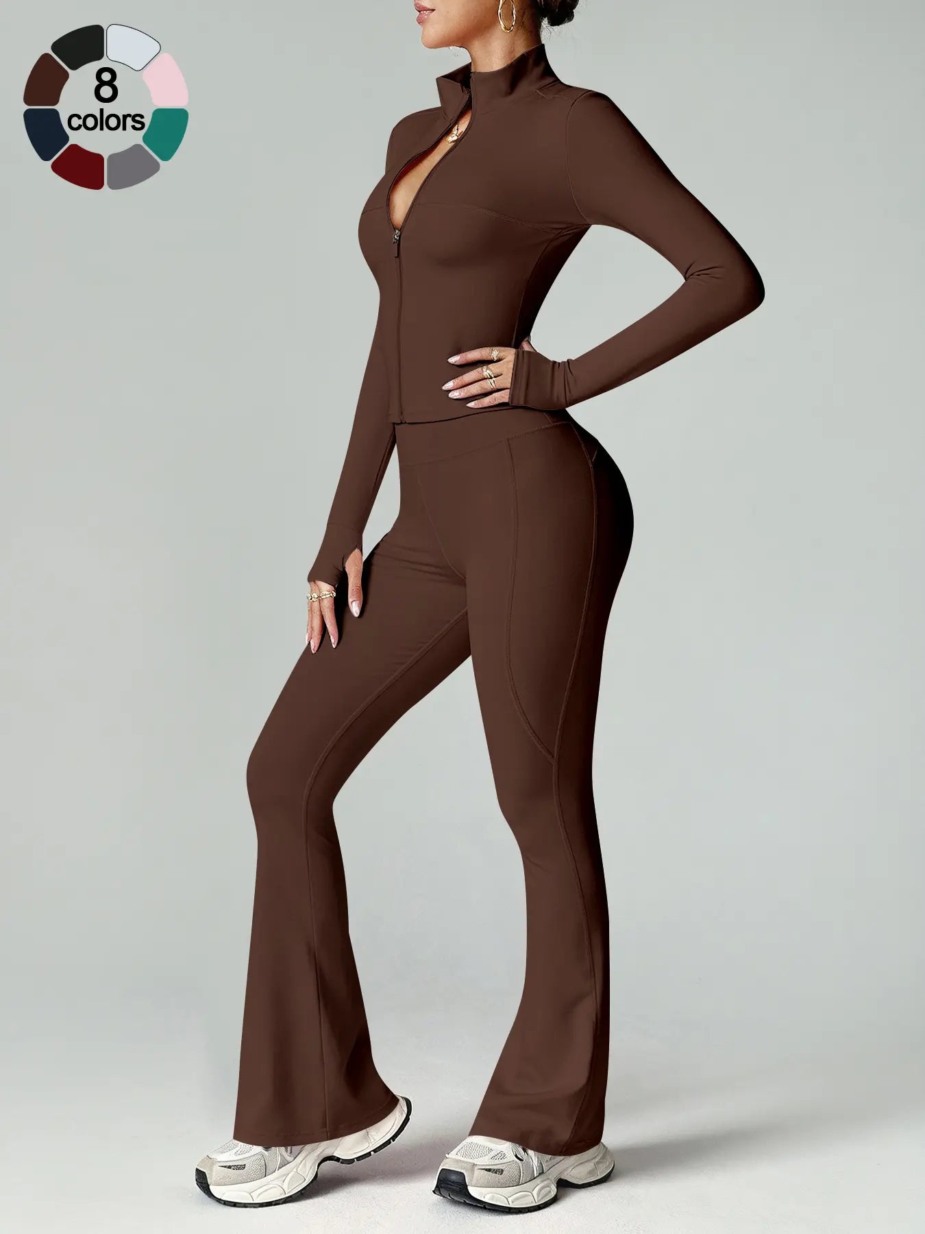 Women'S Two-Piece Sportswear Set, Stand Collar Zip-Up Long Sleeve Top and High-Waist Butt-Lifting Pants, Soft Breathable Outfit for Yoga, Gym and Running
